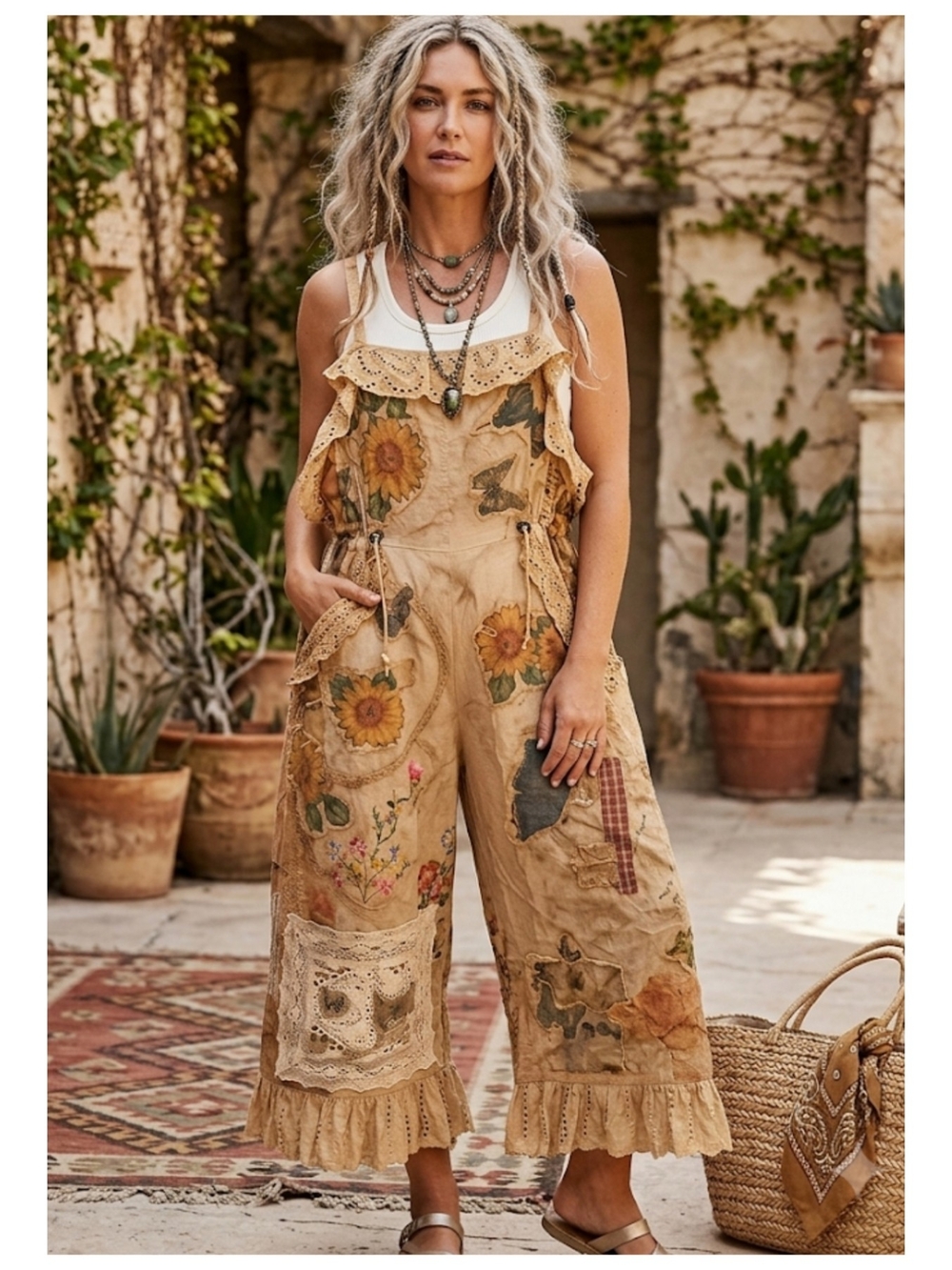 Bohemian Sunflower Lace Ruffle Jumpsuit - Beige